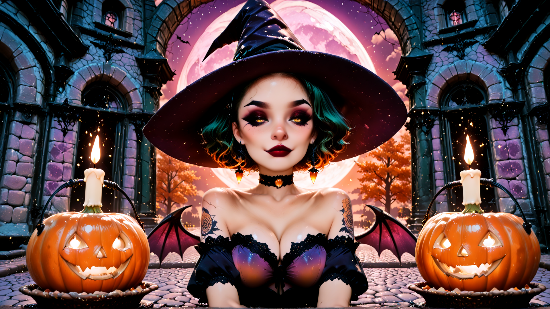 AI generated wallpaper featuring witch, pumpkin, castle, candle, moon