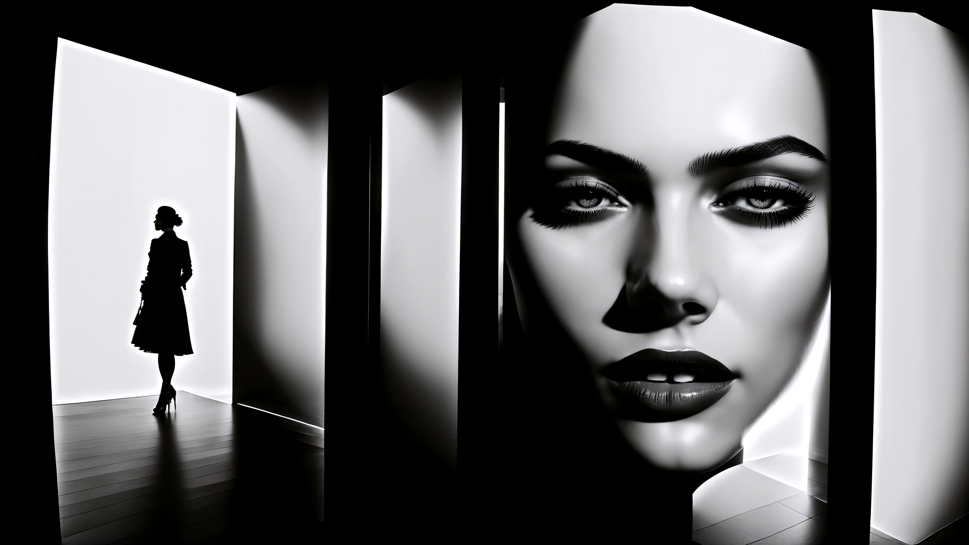 AI generated wallpaper featuring woman, silhouette, face, room, doorway