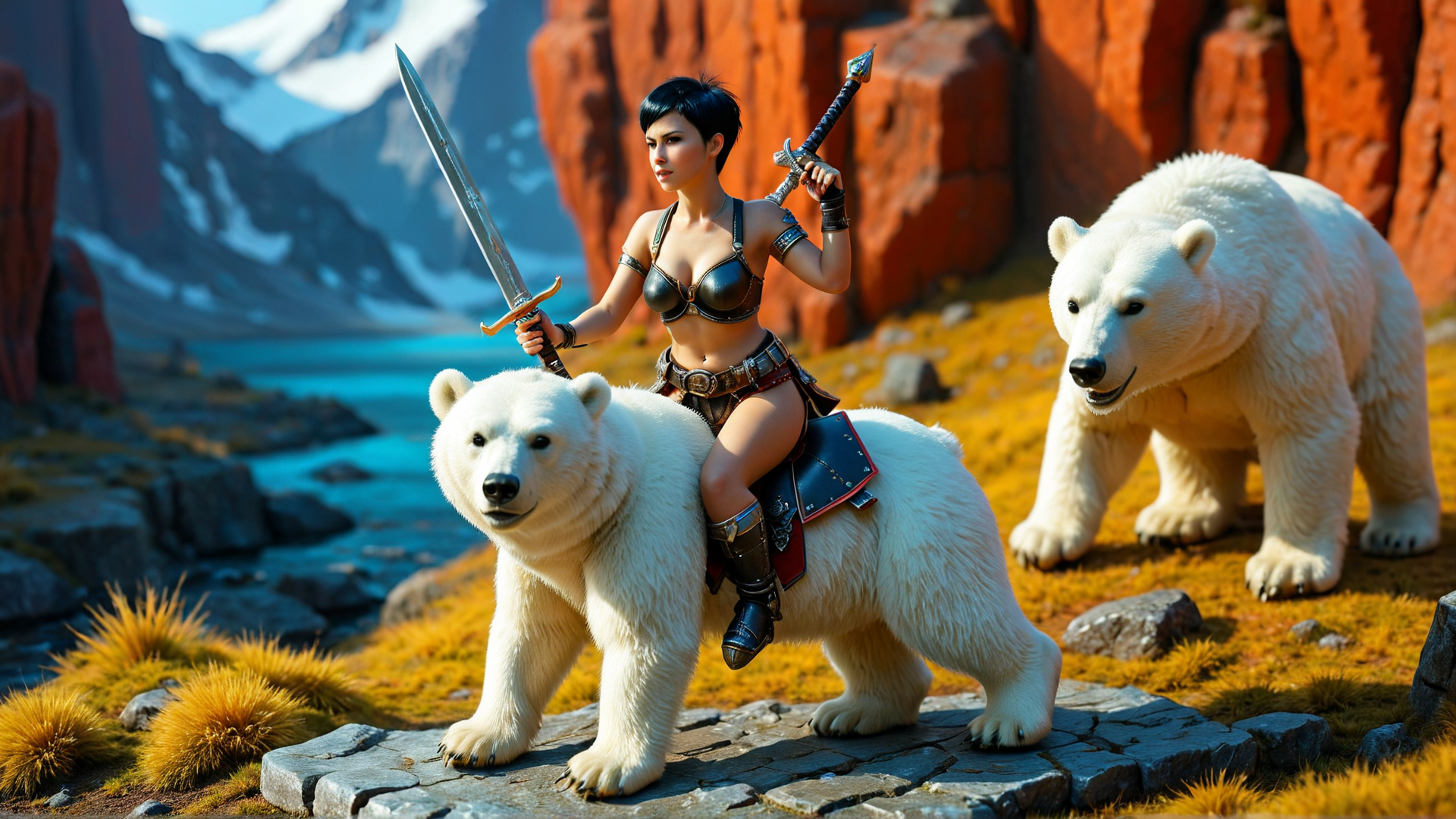 AI generated wallpaper featuring woman, polar bear, sword, mountain, river, cliff, armor, bear, landscape, weapons