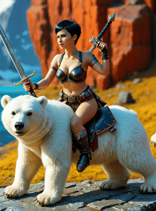 woman, polar bear, sword, mountain, river, cliff, armor, bear, landscape, weapons