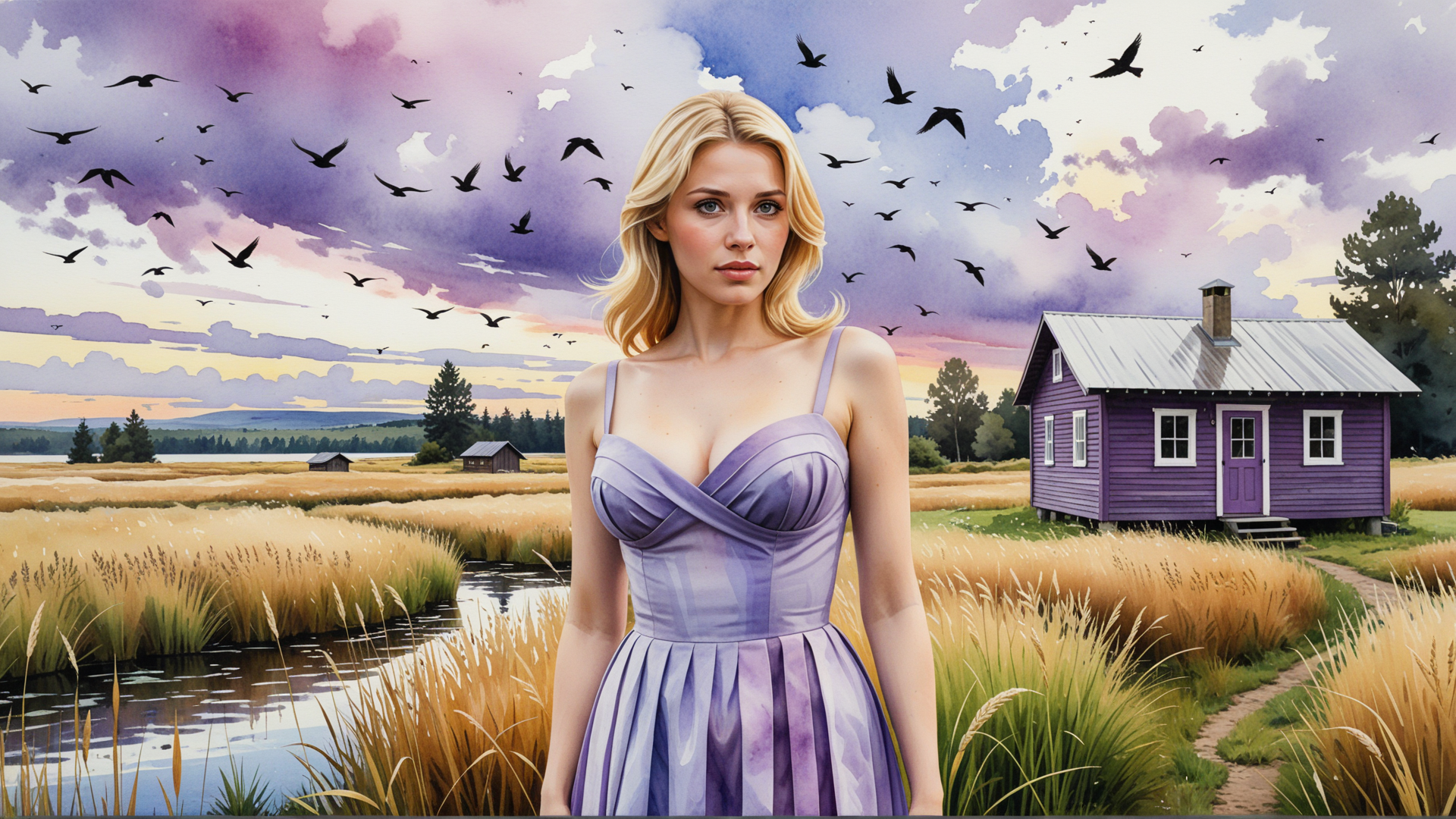 AI generated wallpaper featuring woman, dress, house, birds, field, sky, water, trees