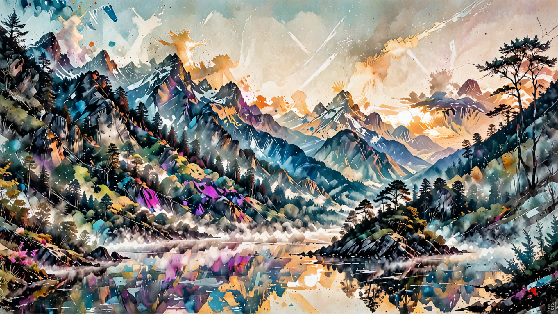 AI generated wallpaper featuring mountains, lake, trees, forest, landscape, water, sky, reflection, clouds, sunrise