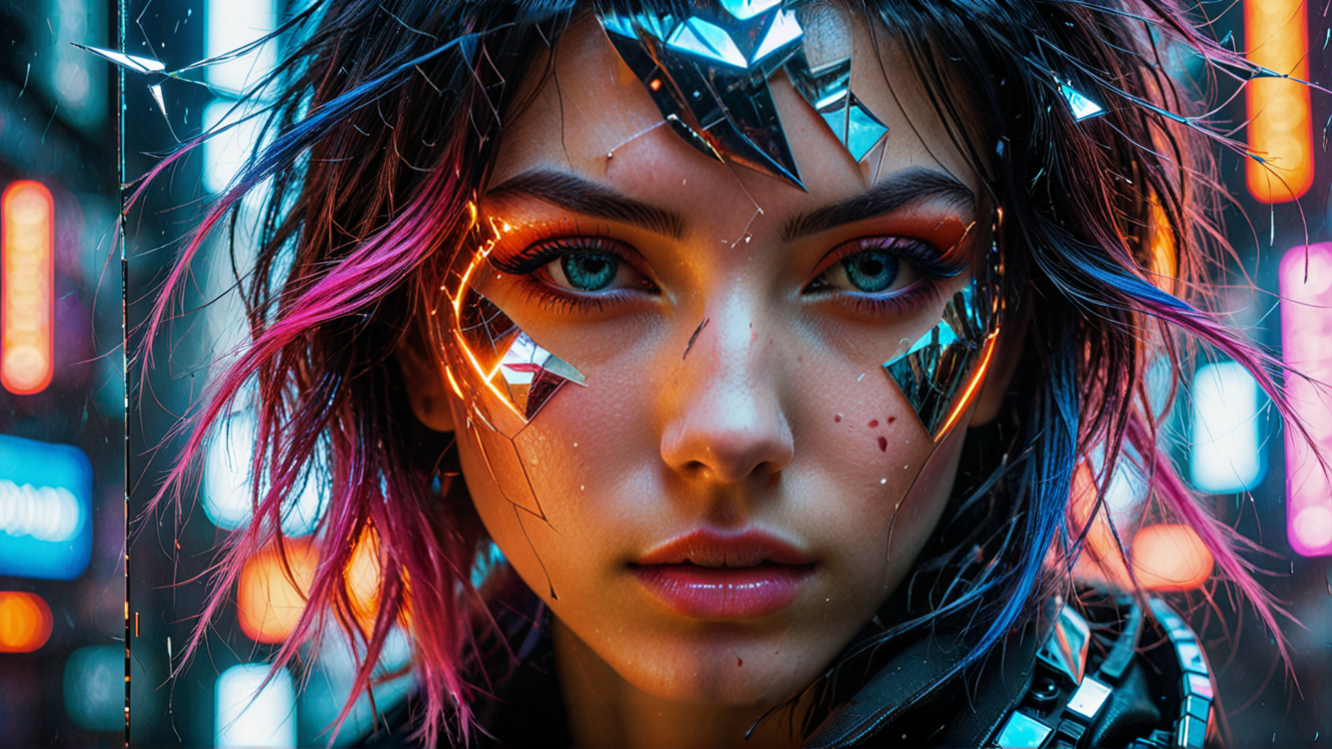 AI generated wallpaper featuring cyberpunk, woman, neon, hair, glasses, city