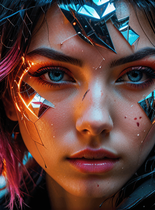 cyberpunk, woman, neon, hair, glasses, city