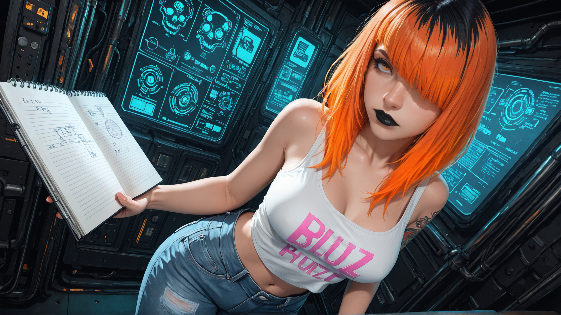 AI generated wallpaper featuring woman, sketchbook, tattoo, tank top, jeans, screens, cyberpunk, skull, hair, notebook
