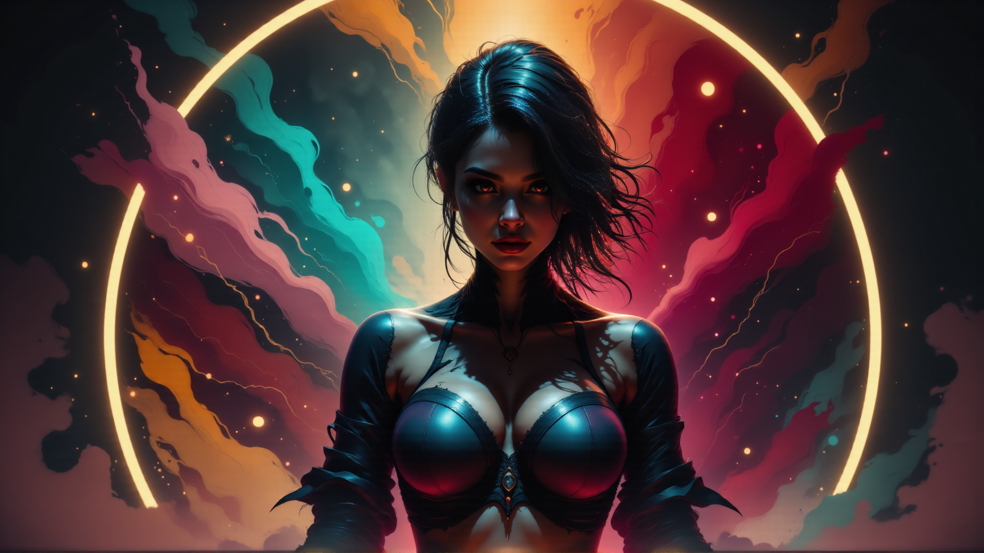 AI generated wallpaper featuring woman, neon, cosmic