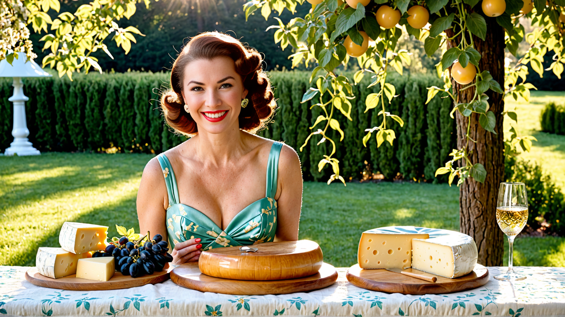 AI generated wallpaper featuring woman, cheese, grapes
