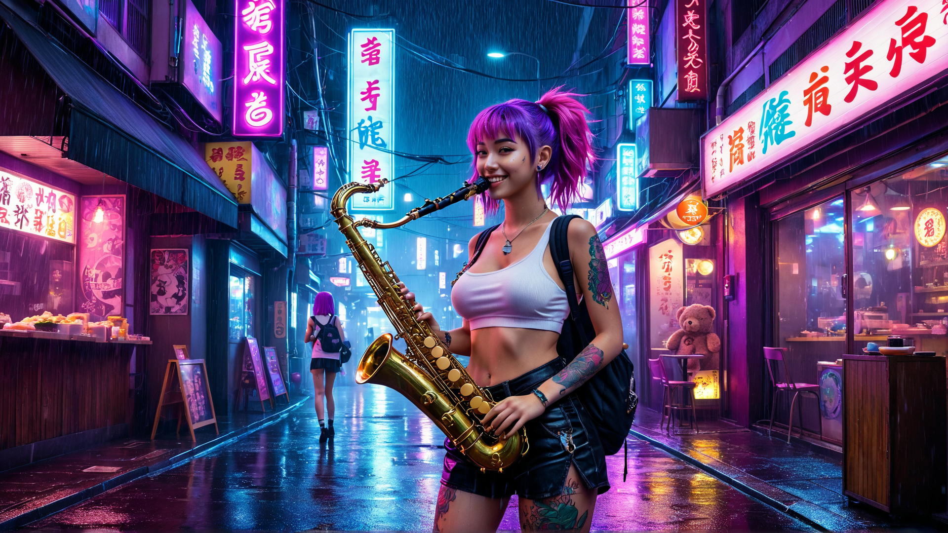 AI generated wallpaper featuring woman, saxophone, street