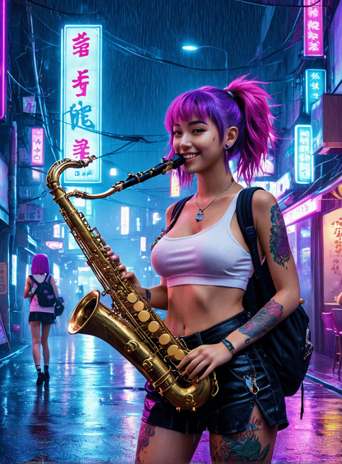 woman, saxophone, street