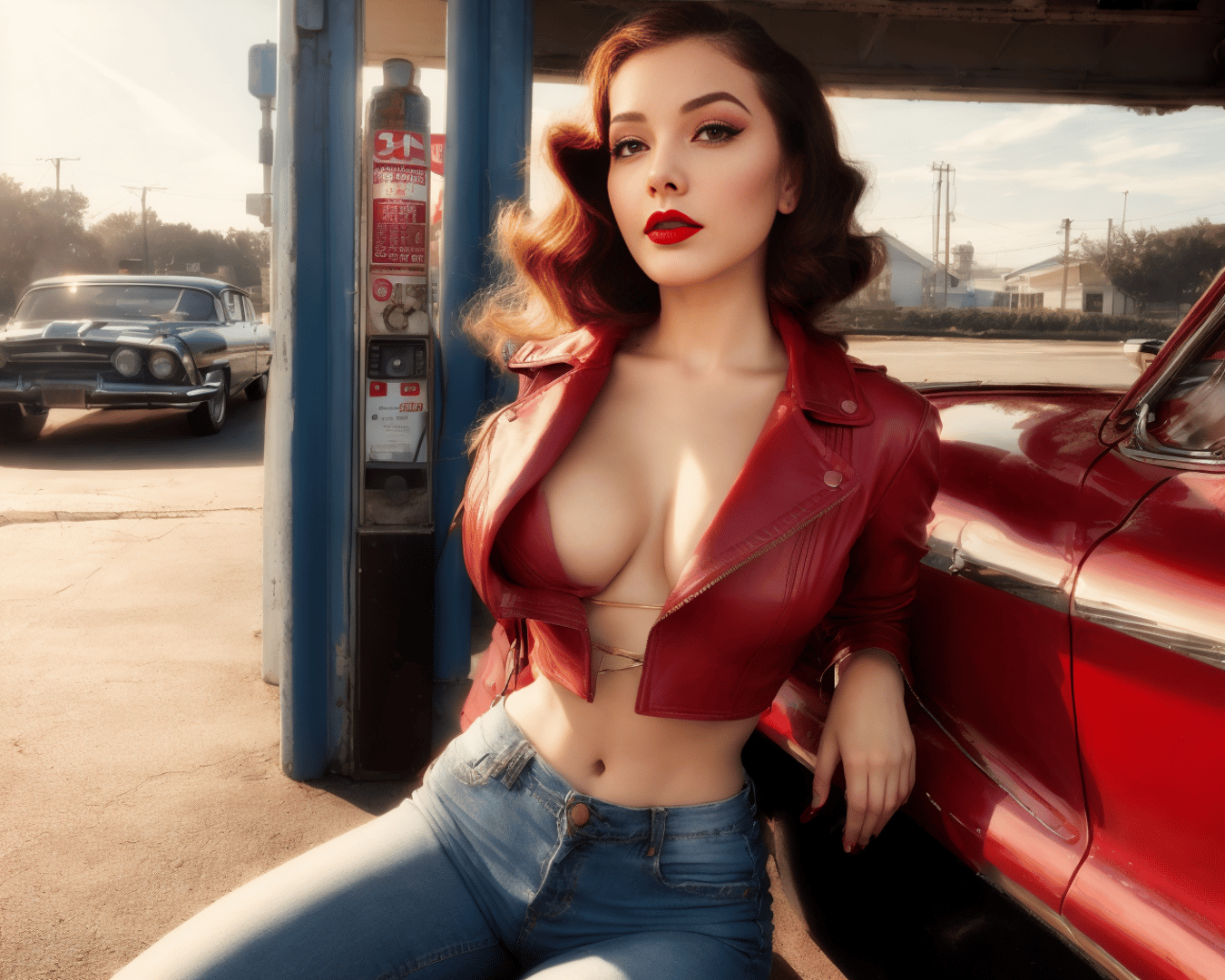 AI generated wallpaper featuring woman, car, gas station
