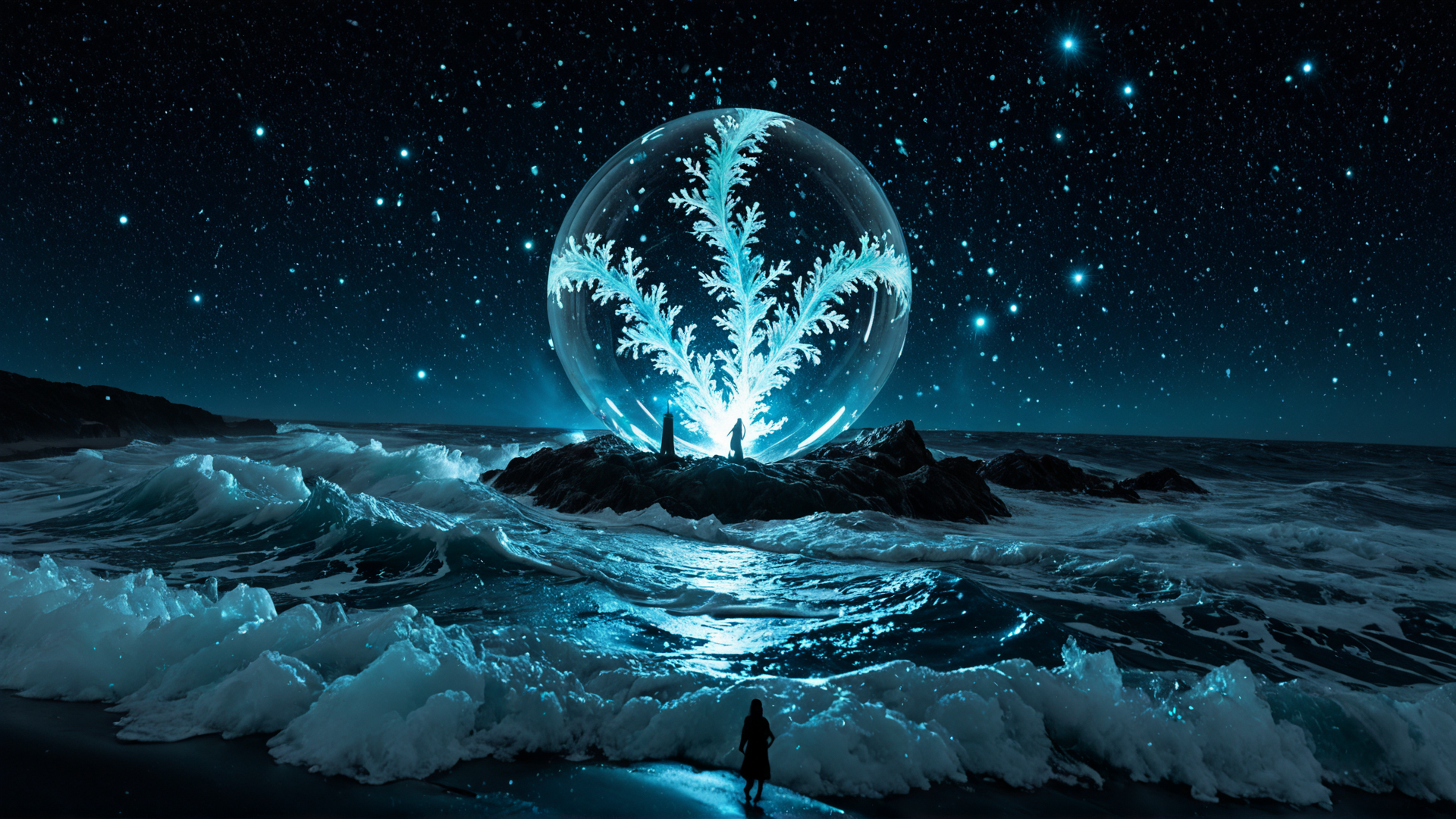 AI generated wallpaper featuring crystal ball, snowflake, person