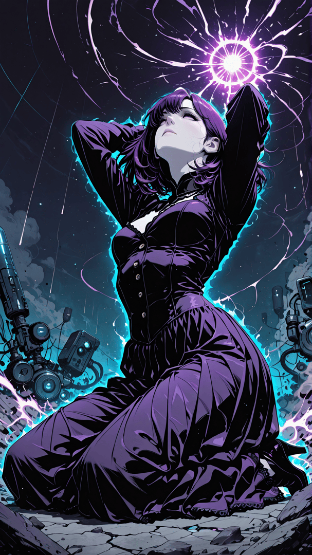 AI generated wallpaper featuring woman, robot, energy, stars, camera