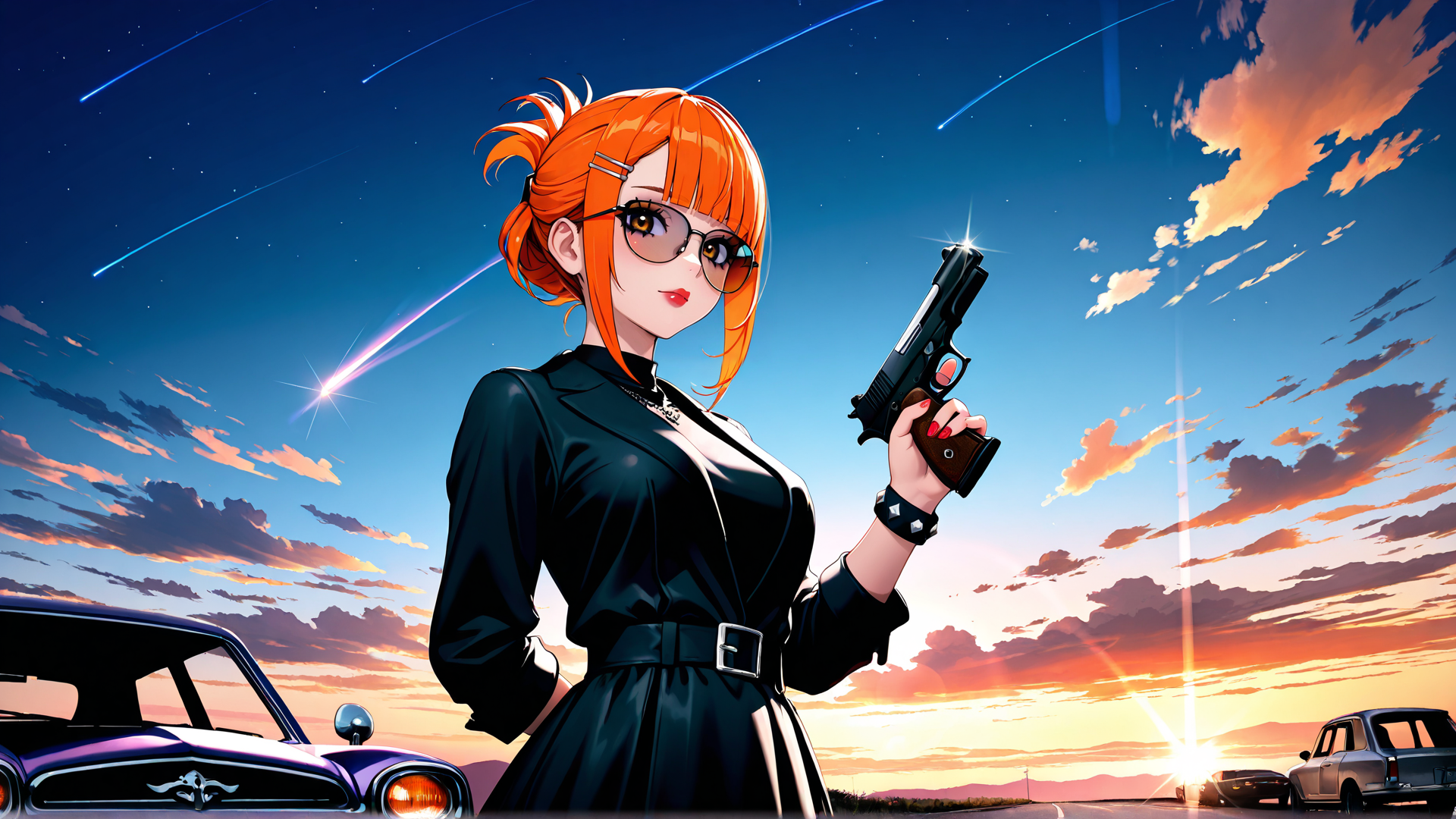 AI generated wallpaper featuring woman, gun, car, sunset, sky, stars, hair, glasses, dress, sunset