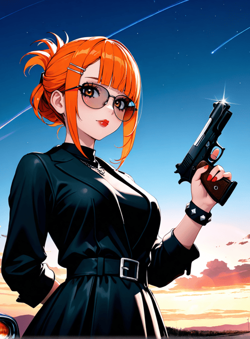 woman, gun, car, sunset, sky, stars, hair, glasses, dress, sunset