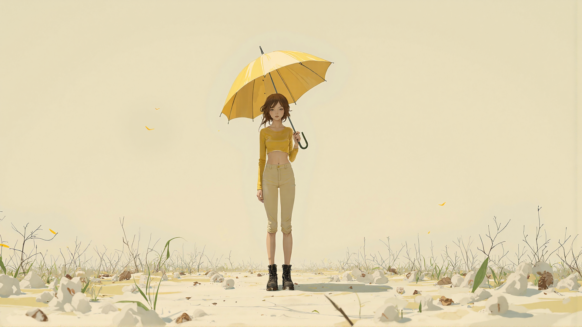 AI generated wallpaper featuring woman, umbrella, sand, plants, shoes, leaves, stones, grass