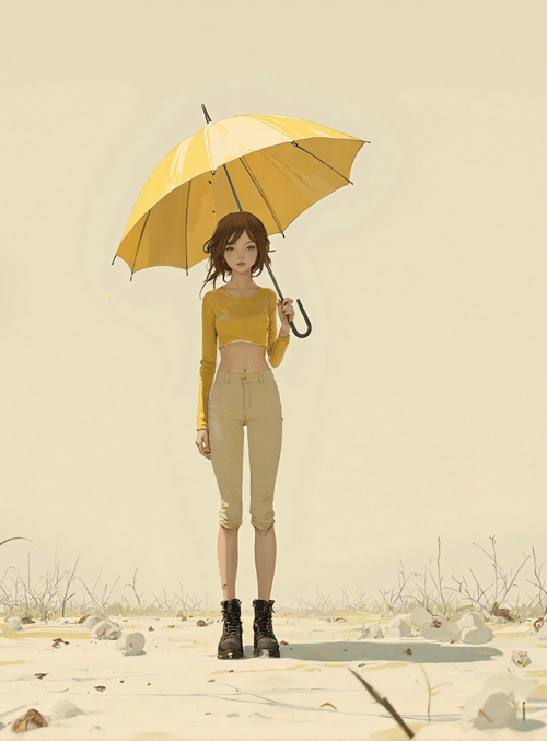 woman, umbrella, sand, plants, shoes, leaves, stones, grass