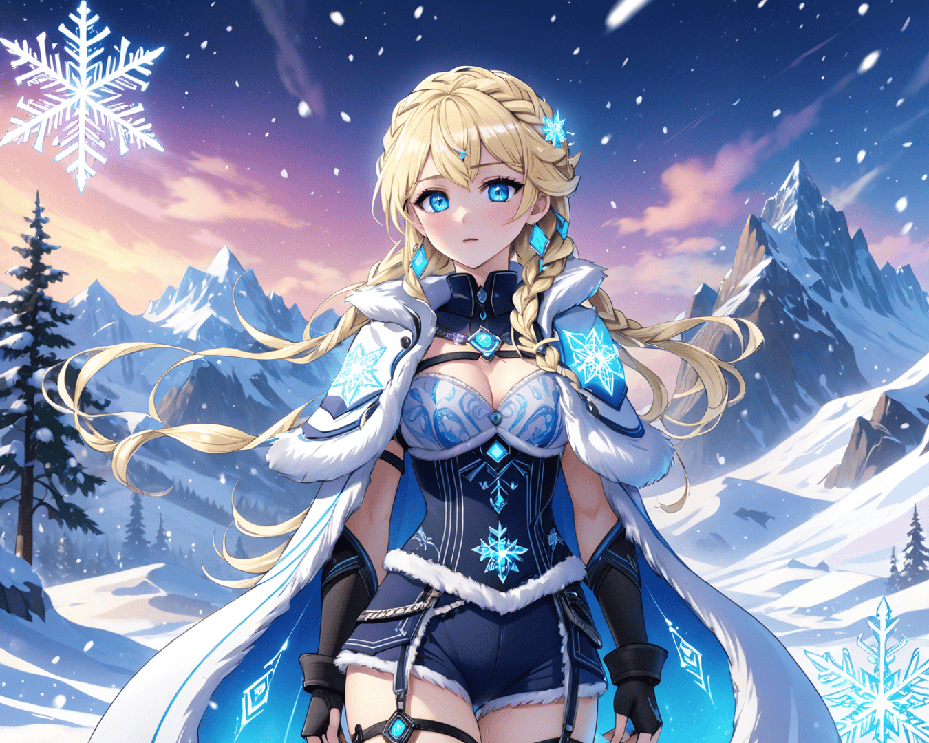 AI generated wallpaper featuring frozen girl, anime character, snow warrior