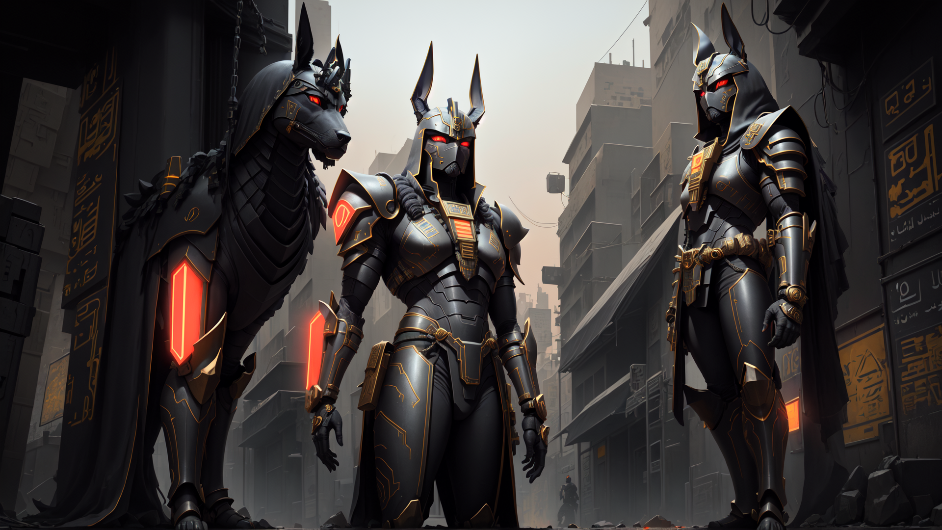 AI generated wallpaper featuring anubis, armored figures, cityscape