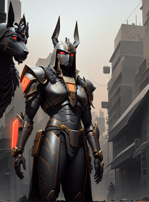 anubis, armored figures, cityscape
