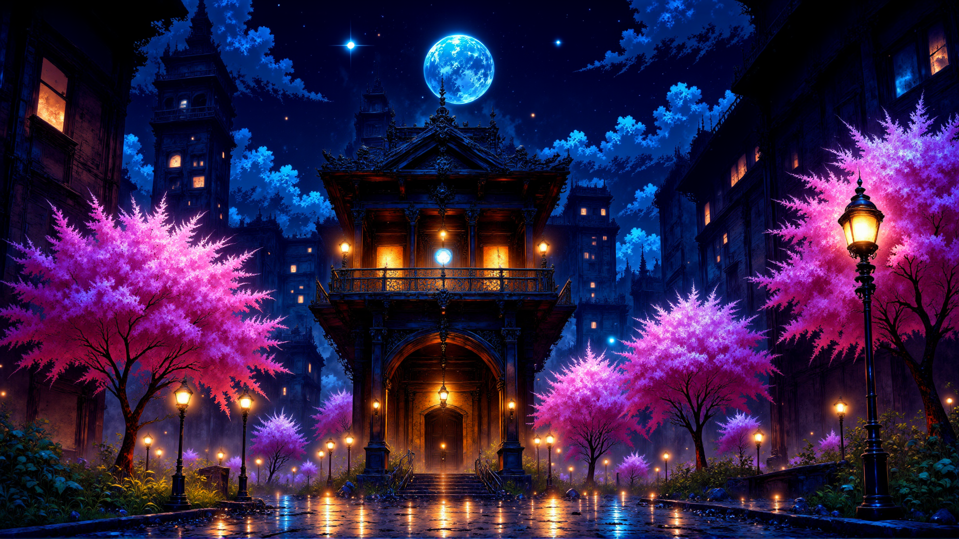 AI generated wallpaper featuring cherry blossom trees, castle, street lamps, moon, buildings, cityscape, garden, archway, staircase, stars