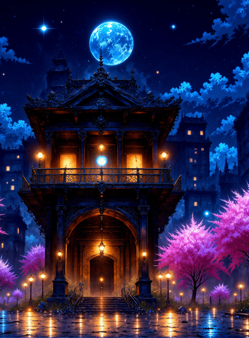 cherry blossom trees, castle, street lamps, moon, buildings, cityscape, garden, archway, staircase, stars