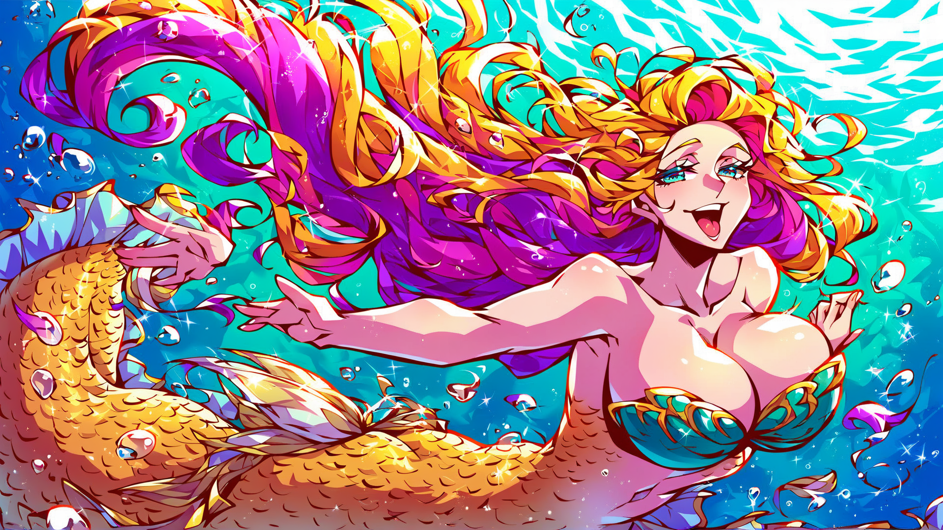 AI generated wallpaper featuring mermaid, scales, bubbles, hair, tail, sea, aquatic, water, fins, shimmer