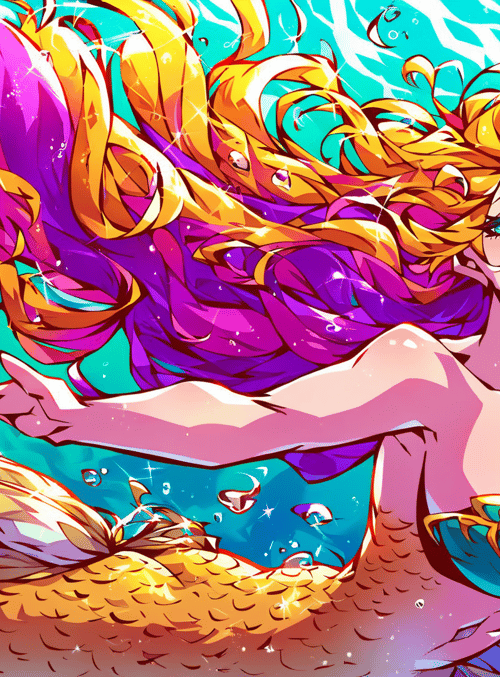 mermaid, scales, bubbles, hair, tail, sea, aquatic, water, fins, shimmer