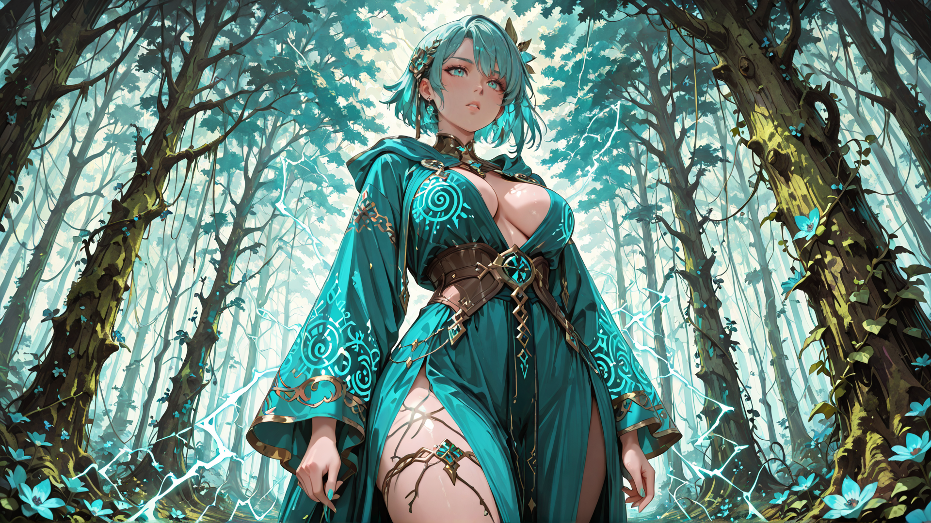 AI generated wallpaper featuring woman, elf, forest, magical, character, clothing, trees, nature, ancient, symbol