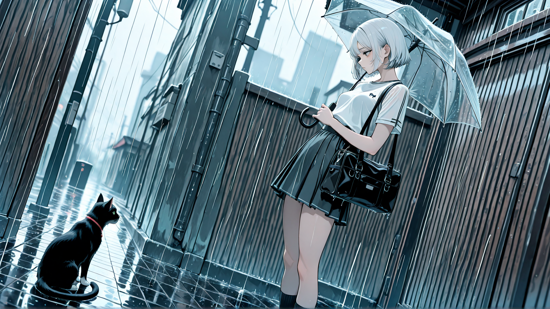 AI generated wallpaper featuring girl, cat, umbrella, street, rain