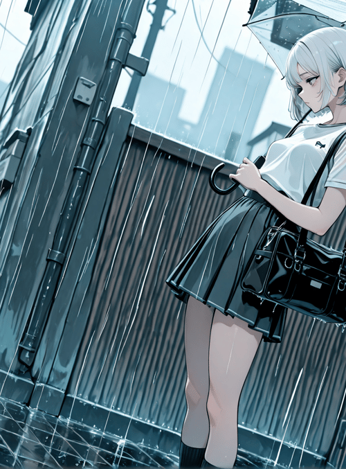 girl, cat, umbrella, street, rain