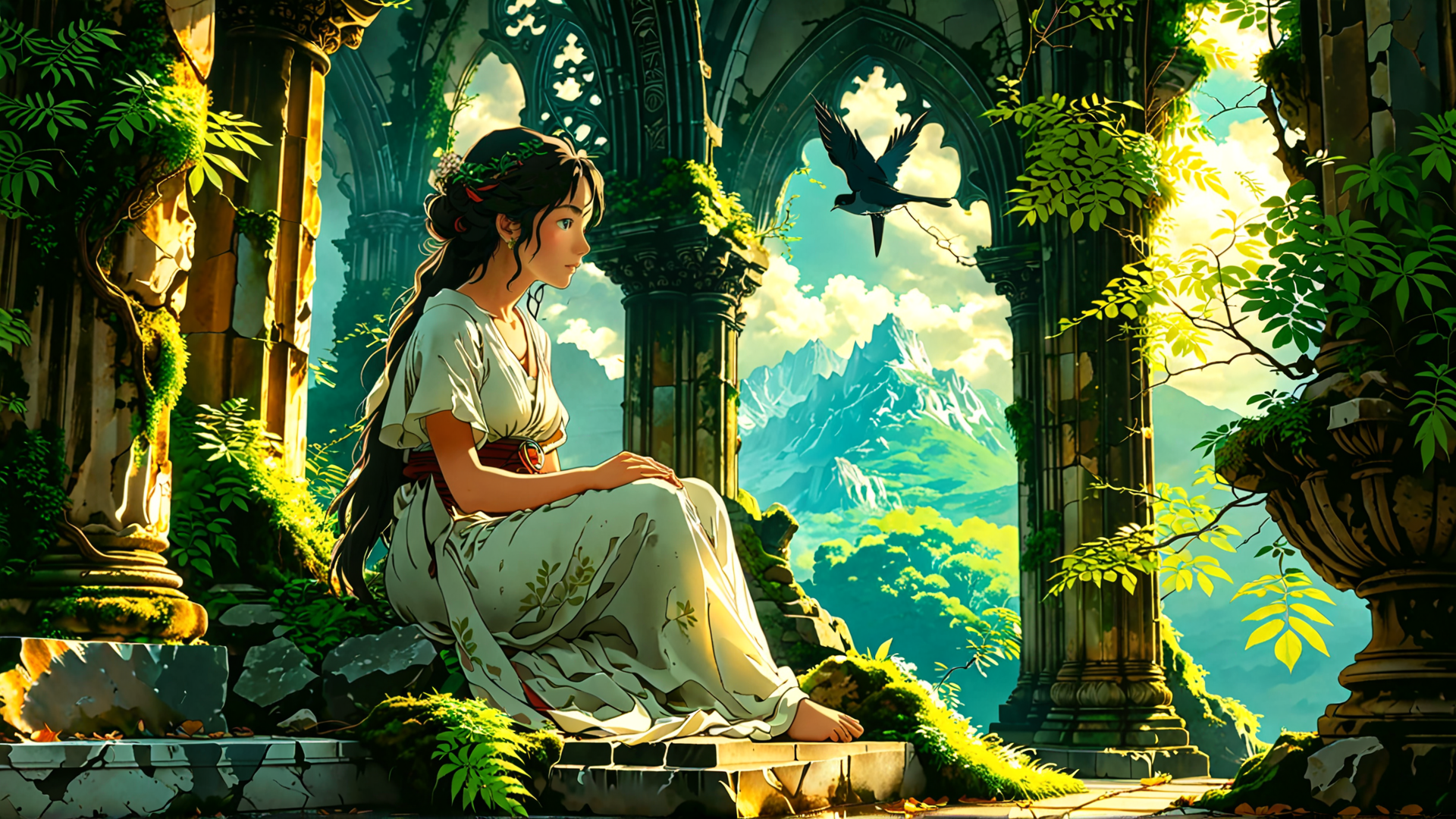 AI generated wallpaper featuring woman, bird, ruins, plants, columns