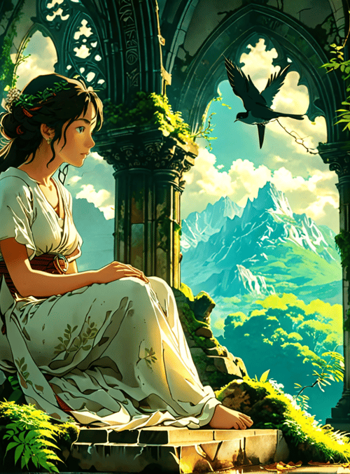 woman, bird, ruins, plants, columns