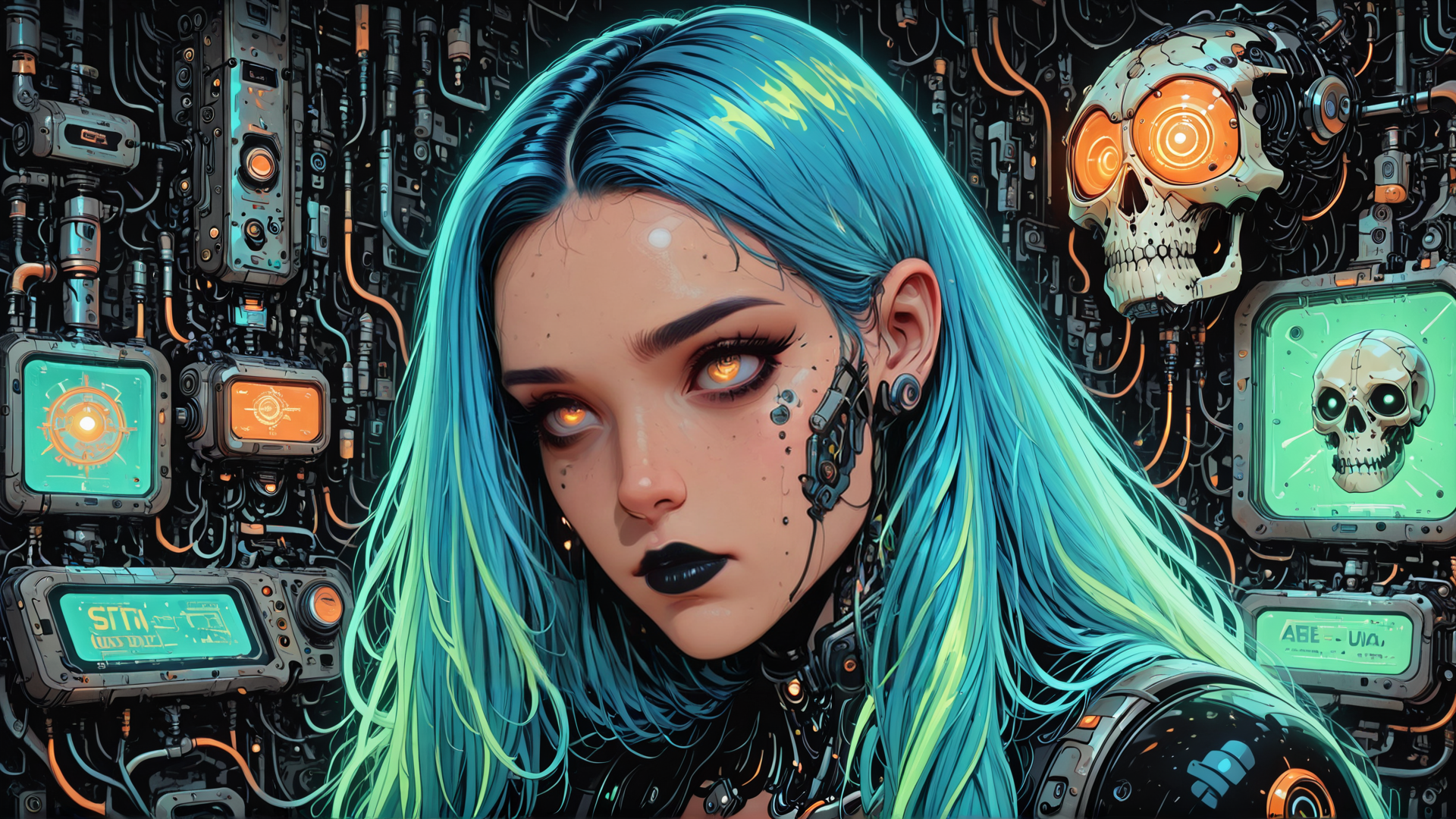 AI generated wallpaper featuring cyborg, skull, gadget, screen, neon, mechanism, circuit, monitor, robot, interface