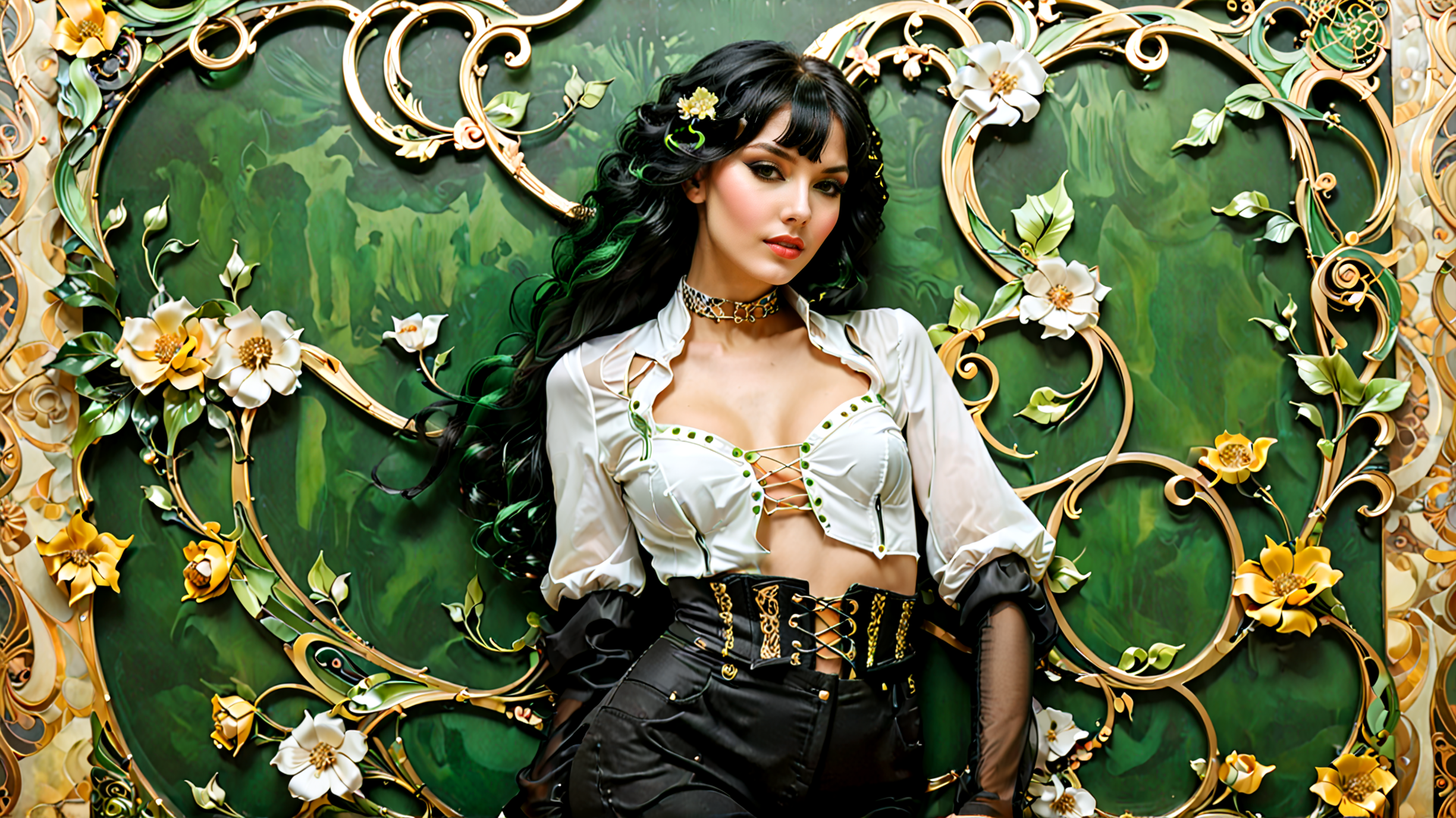 AI generated wallpaper featuring woman, flower, art, ornament