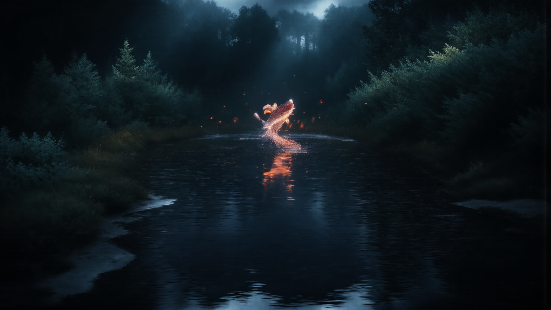 AI generated wallpaper featuring fish, river, forest, light, reflection, mist, trees, fireflies, water, nature