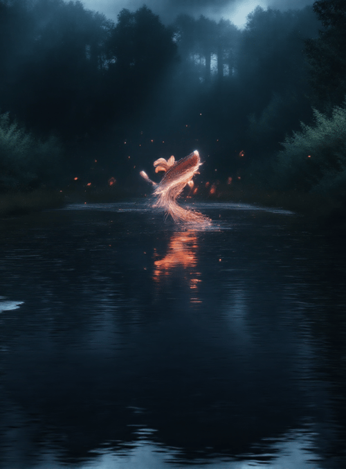 fish, river, forest, light, reflection, mist, trees, fireflies, water, nature