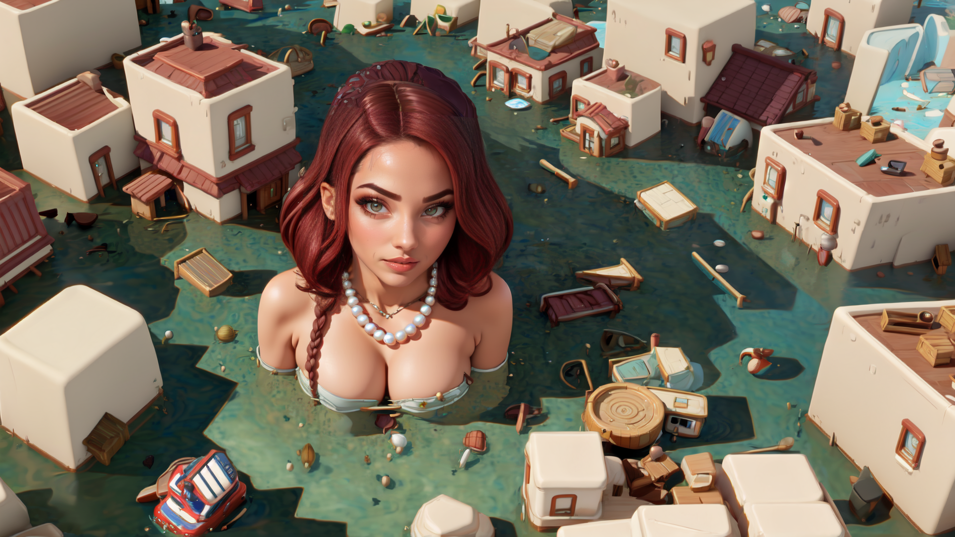 AI generated wallpaper featuring woman, flood, houses