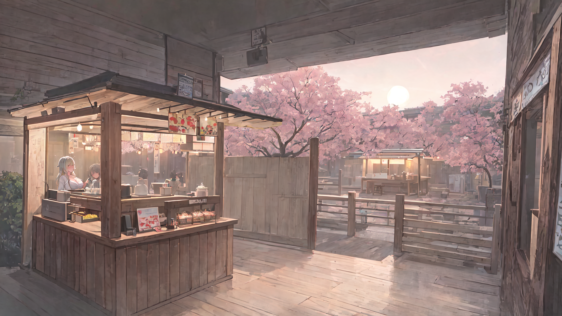 AI generated wallpaper featuring kiosk, cherry blossoms, wooden structure, sunset, people, sign, table, building, food, light
