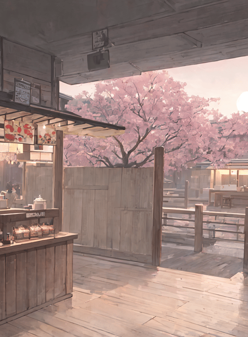kiosk, cherry blossoms, wooden structure, sunset, people, sign, table, building, food, light