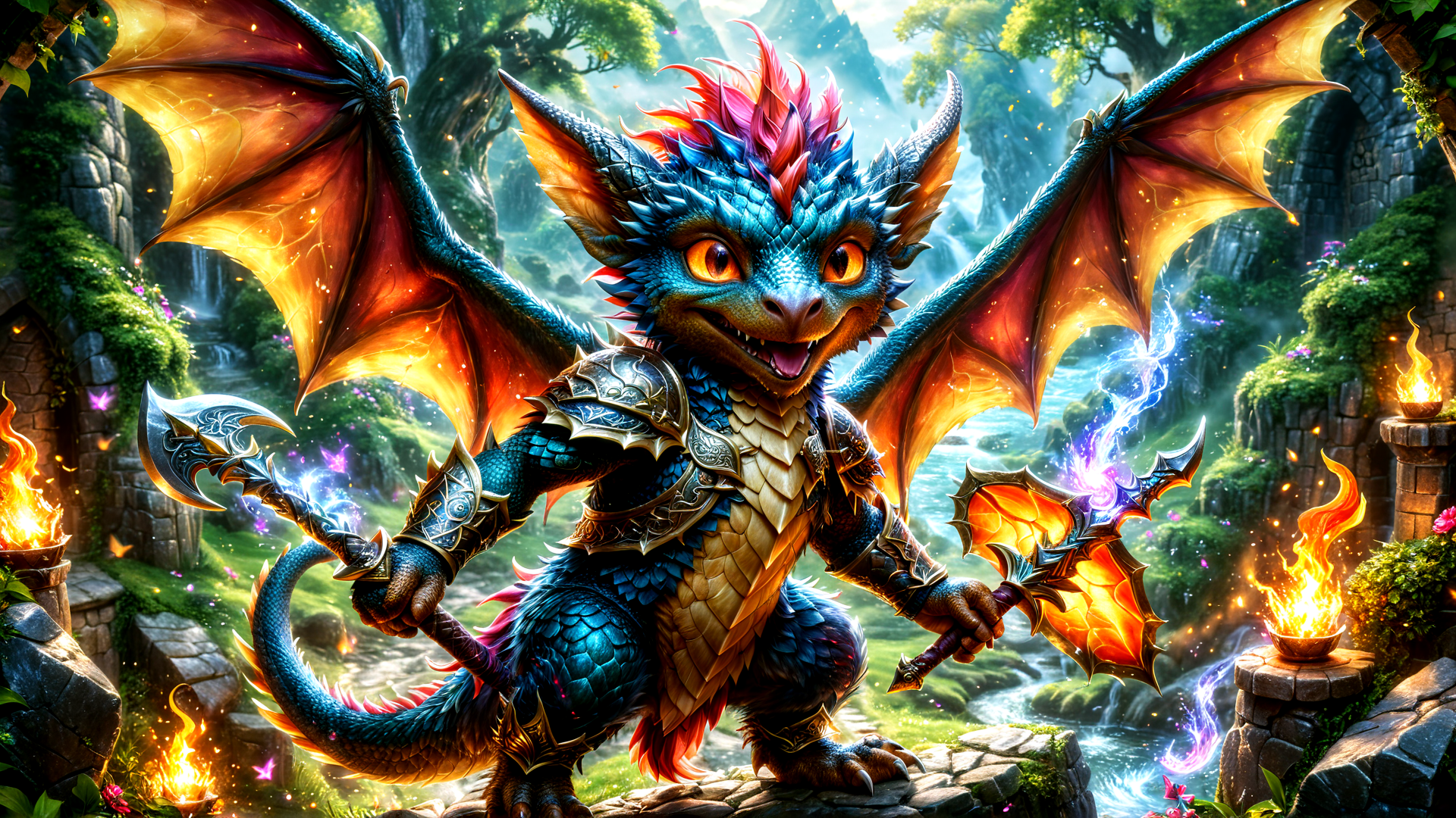 AI generated wallpaper featuring dragon, armor, weapons, flying creature, fantasy creature, goblin, lizard, chibi, wyvern, dragonling