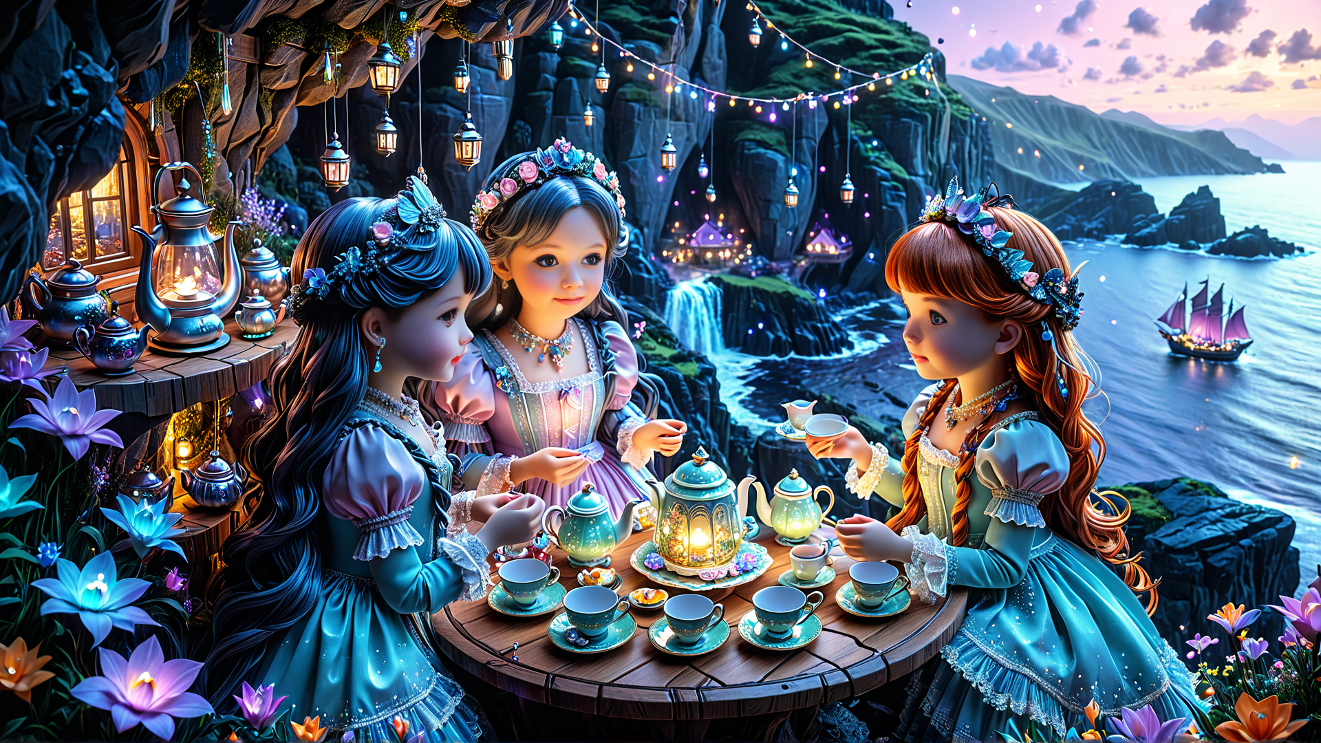 AI generated wallpaper featuring girls, teapot, cliff