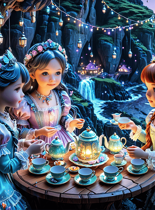 girls, teapot, cliff