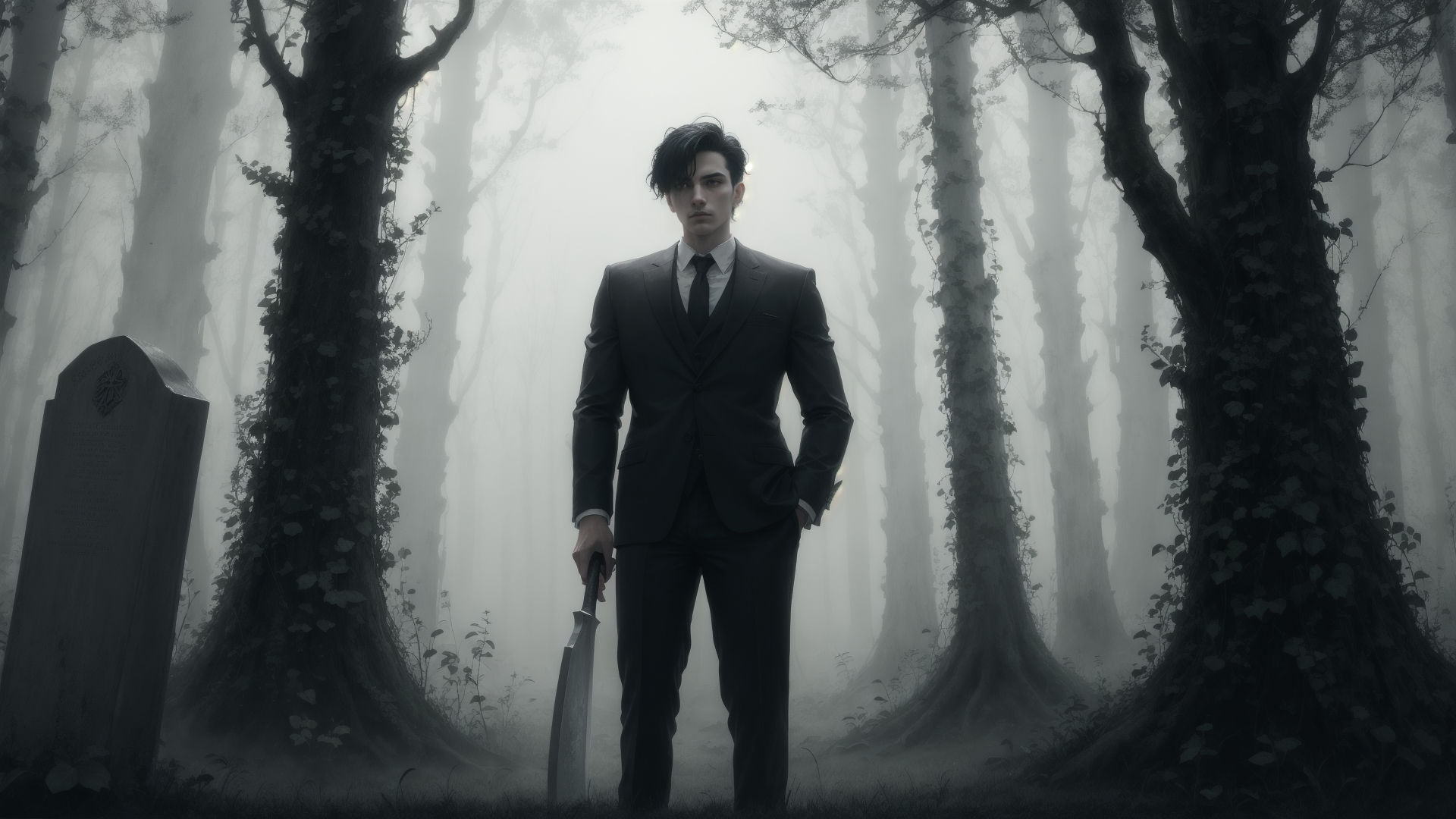AI generated wallpaper featuring man, forest, gravestone