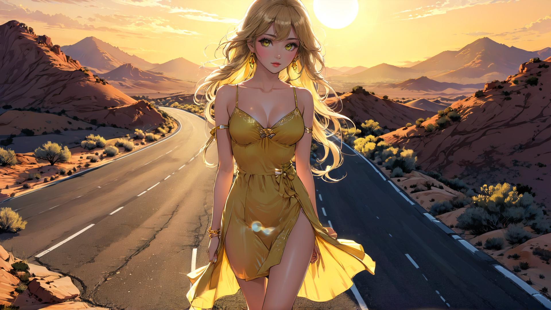 AI generated wallpaper featuring woman, road, mountains