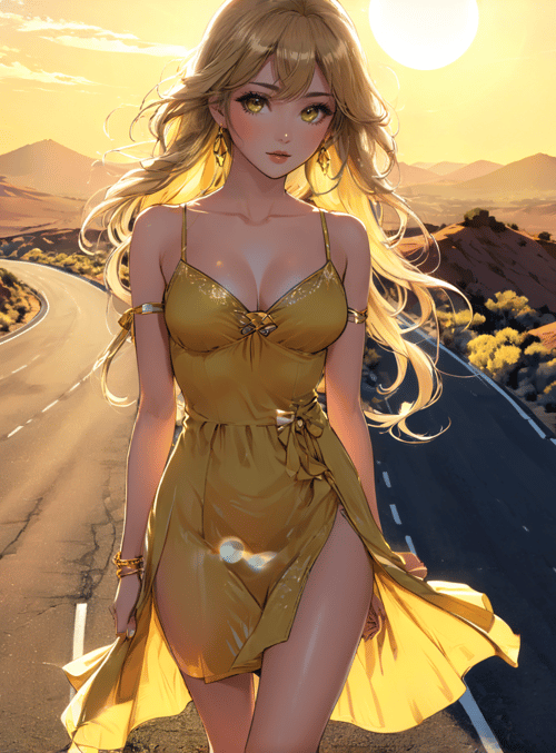 woman, road, mountains