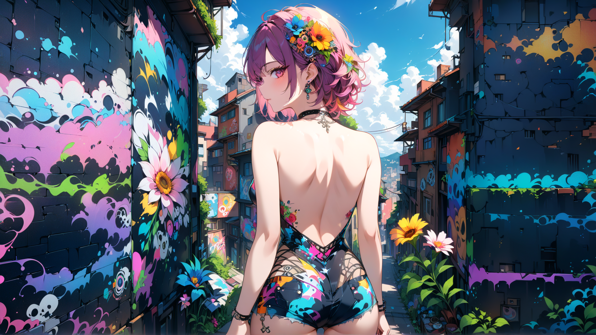 AI generated wallpaper featuring anime girl, graffiti, sunflower