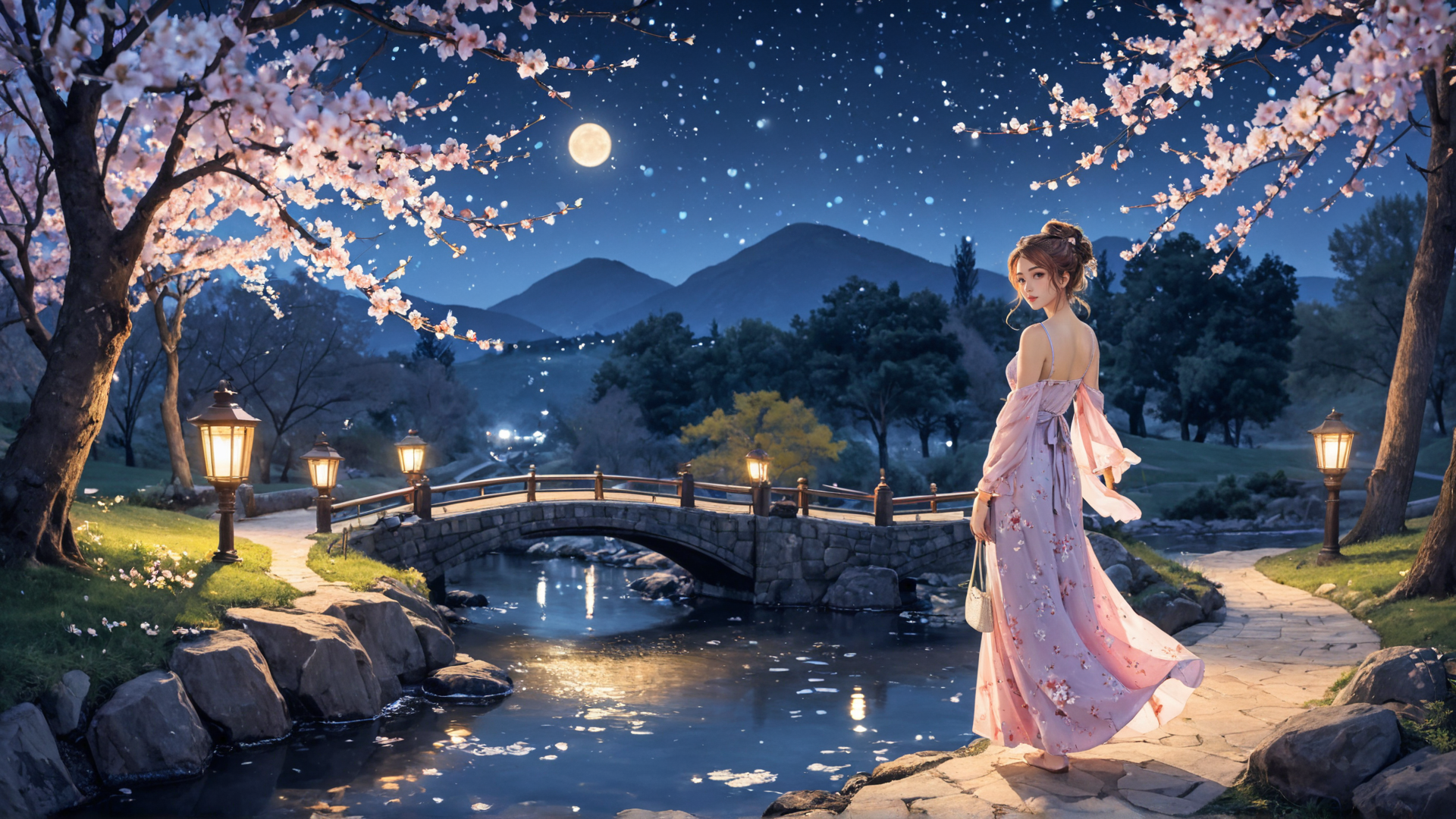 AI generated wallpaper featuring woman, cherry blossom, bridge