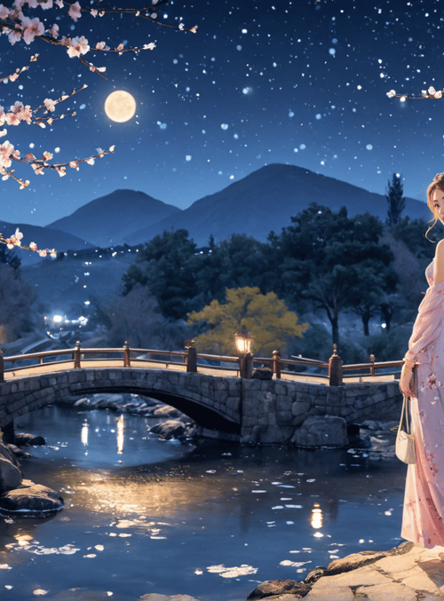 woman, cherry blossom, bridge