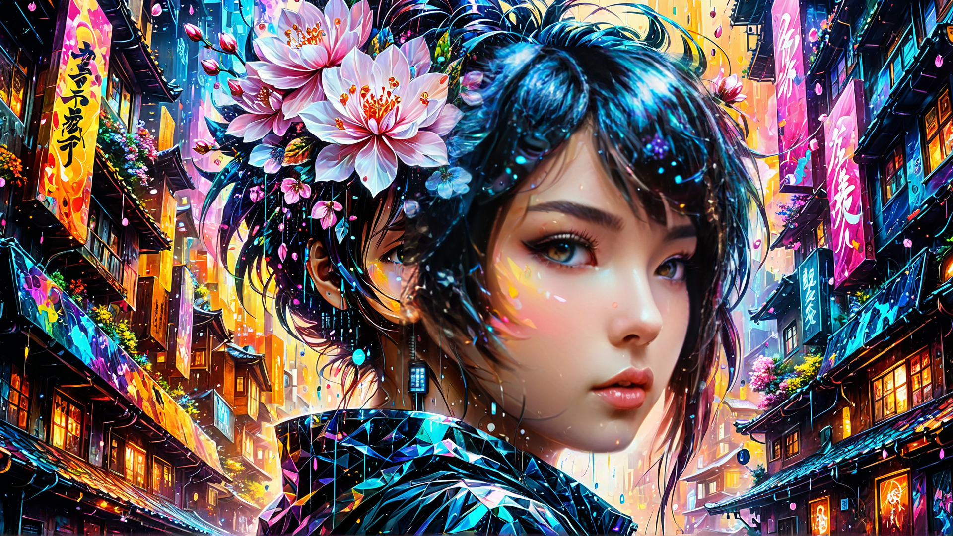 AI generated wallpaper featuring girl, floral, city