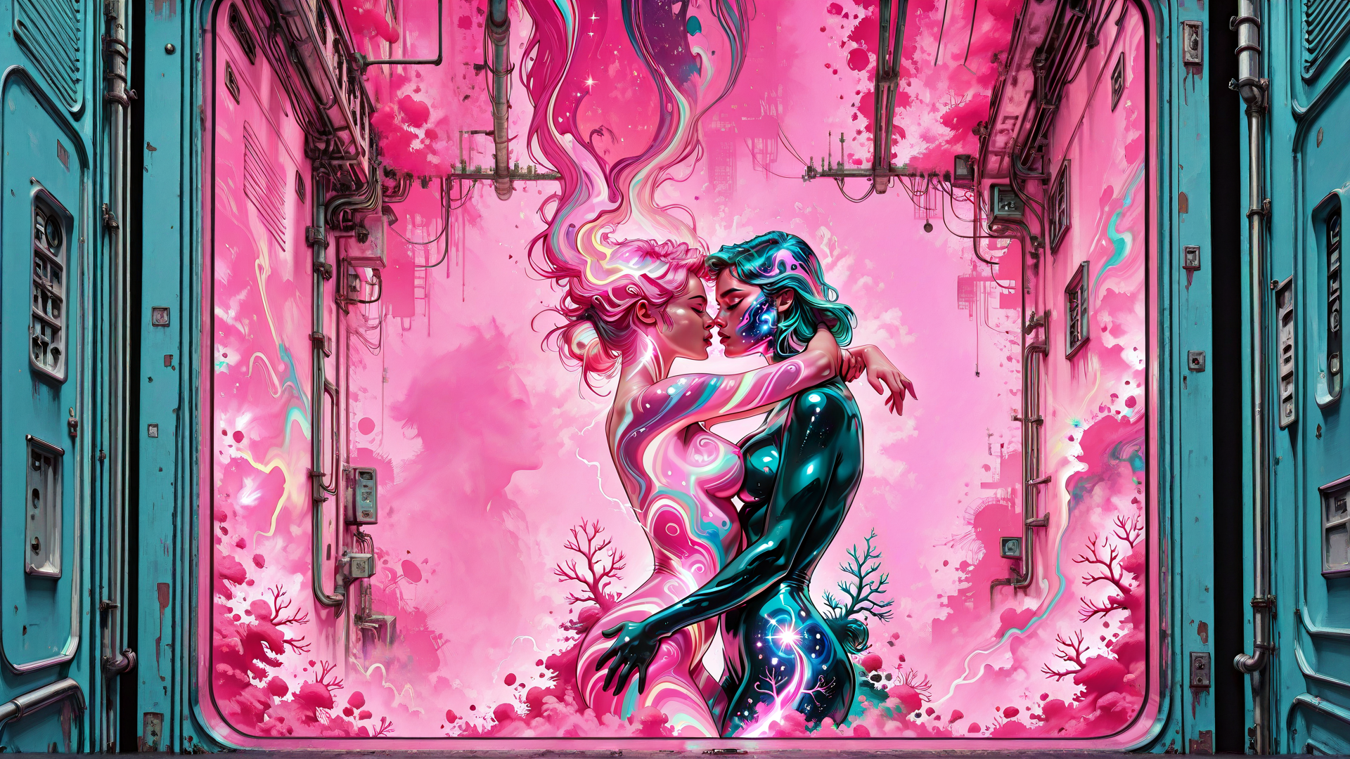AI generated wallpaper featuring couple, digital, humanoids, kissing, neon, cyberpunk